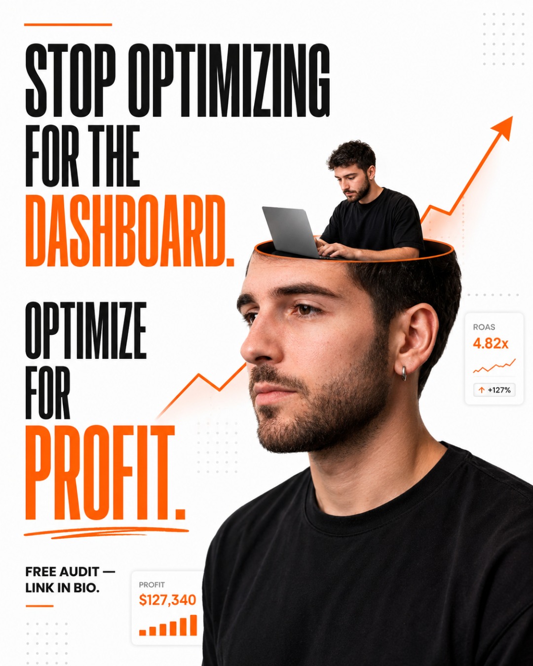 Placa 1 de 3: 'Stop optimizing for the dashboard. Optimize for profit.' con un retrato intervenido y tarjetas de ROAS y ganancia.