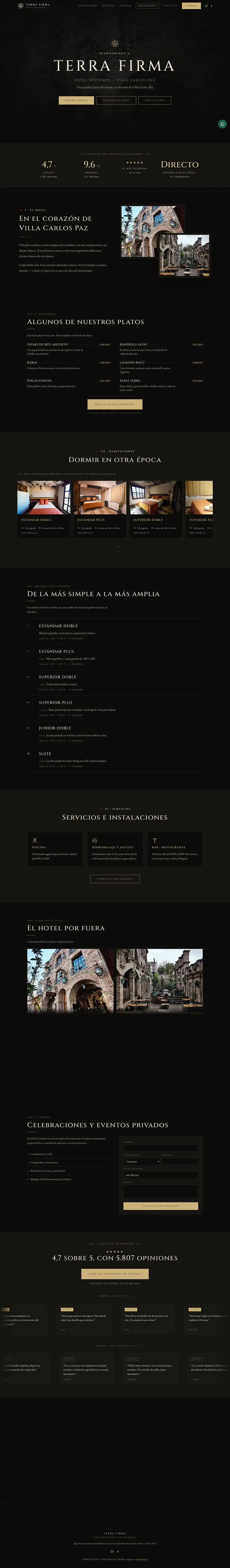 Página completa del sitio de Terra Firma: portada, reseñas, el hotel, platos, habitaciones, comparador, servicios, eventos y opiniones